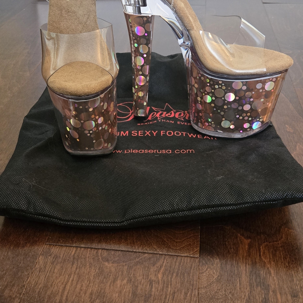 Pleaser Tan and Silver Platform Sandals with Clear Straps